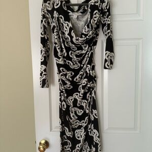 Diane Von Furstenberg Black Dress with White Chain Print, Long Sleeve